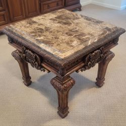 Square Marble Coffee Table, Ornately Carved Wood Base - Like New – Schenectady, NY