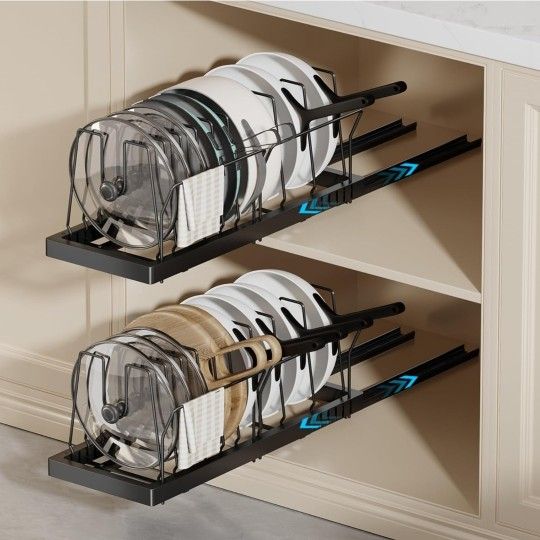 2 Pack Pots and Pans Organizer Under Cabinet, 22" Deep Expandable Pull Out Pot Lid Organizer and Storage with 10 Adjustable Dividers No Drill Pot