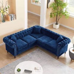 BRAND NEW🔥🔥🔥 Blue Velvet Sectional Sofa L-shape Button Tufted Corner Sofa Nailhead Rolled Arms Chaise Lounge Couch w/ Pillows for Living Room