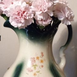 Antique Water Pitcher tall Green & White

