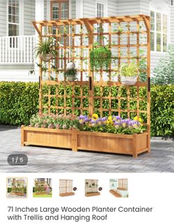 71” Large Wooden Raised Garden Bed with Trellis and Hanging Roof