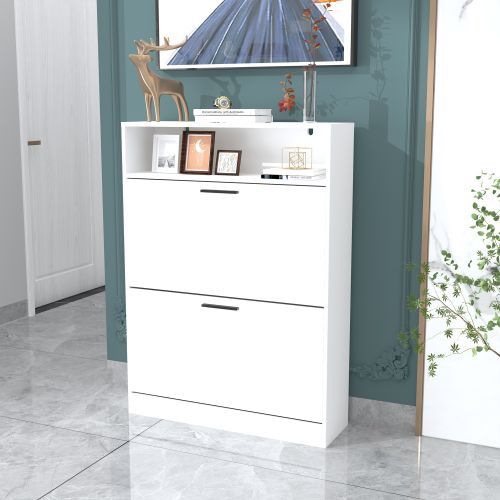 Shoe Storage Cabinet with 2 Flip Drawers, Sturdy Wood Hidden Shoe Storage, Freestanding Narrow Slim Shoe Organizer for Front Door Entrance, Living Roo