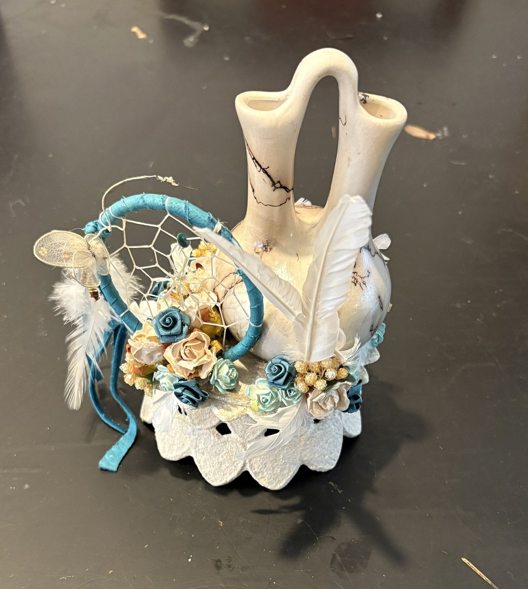 Southwest Style Wedding Vase Double Spout Dreamcatcher Feathers Floral Teal Boho Decor