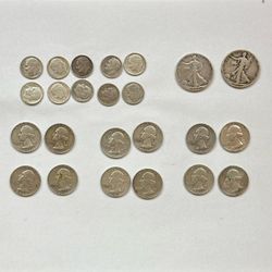 Lot of (24) Pre-1965 US 90% Silver Coins - $5 Face Value (Quarters, Dimes, Halves)