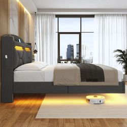 King Size Floating Bed Frame with Charging Station, Storage Headboard, LED Upholstered Platform Bed, Dark Gray