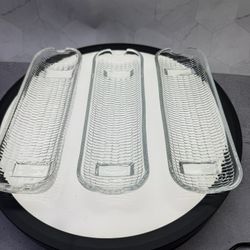 Set of (3) Vintage Clear Embossed Glass CORN ON THE COB Footed Butter Dish Holders. Made in Brazil. 