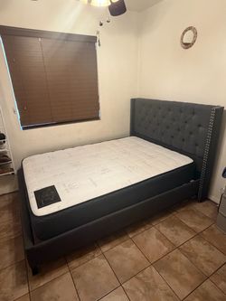 Full Size Tufted Upholstered Bed Frame & Orthopedic Mattress Set