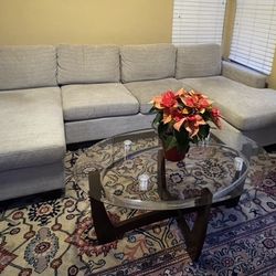 128” Gray Sectional Sofa From Jerome with Chaise + Coffee Table & 2 Side Tables And 2 Lamps