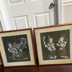 Vintage Thai Painted On Silk Material Framed Wall Art just $50 for the set