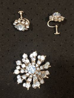 Vintage Rhinestone Brooch Earrings Pale Blue
