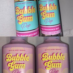 4 Bath & Body Works BUBBLE GUM POP Fine Fragrance Mist spray & body wash Set