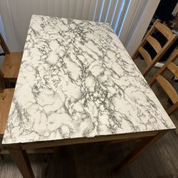  Dining Table with Marble-Style Cover and 4 Wooden Chairs
