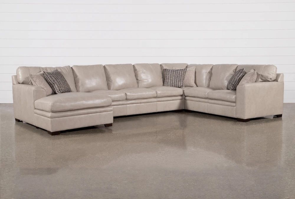 Greer Stone Beige Grey Leather 4 Piece 166" Modular U-Shaped Sectional With Left Arm Facing Chaise & Armless Sofa | Deep Seated