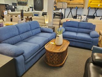 Blue Fabric Sofa and Loveseat Set