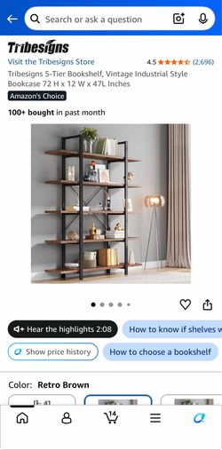 5-Tier Bookshelf, Vintage Industrial Style Bookcase
