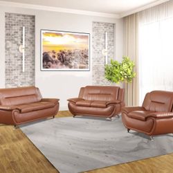 Modern Style Brown leather Three Piece Couch Set