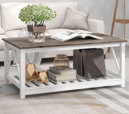 2-Tier Rectangular Farmhouse Coffee Table Wooden Oak Blak
for Living Room, Centre Cocktail Table, Slats Shelf Storage, V-Shaped Frame