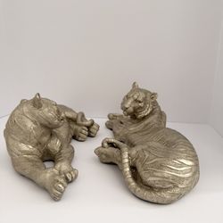 Set of 2 Silver Tiger Statues – Elegant Home Decor