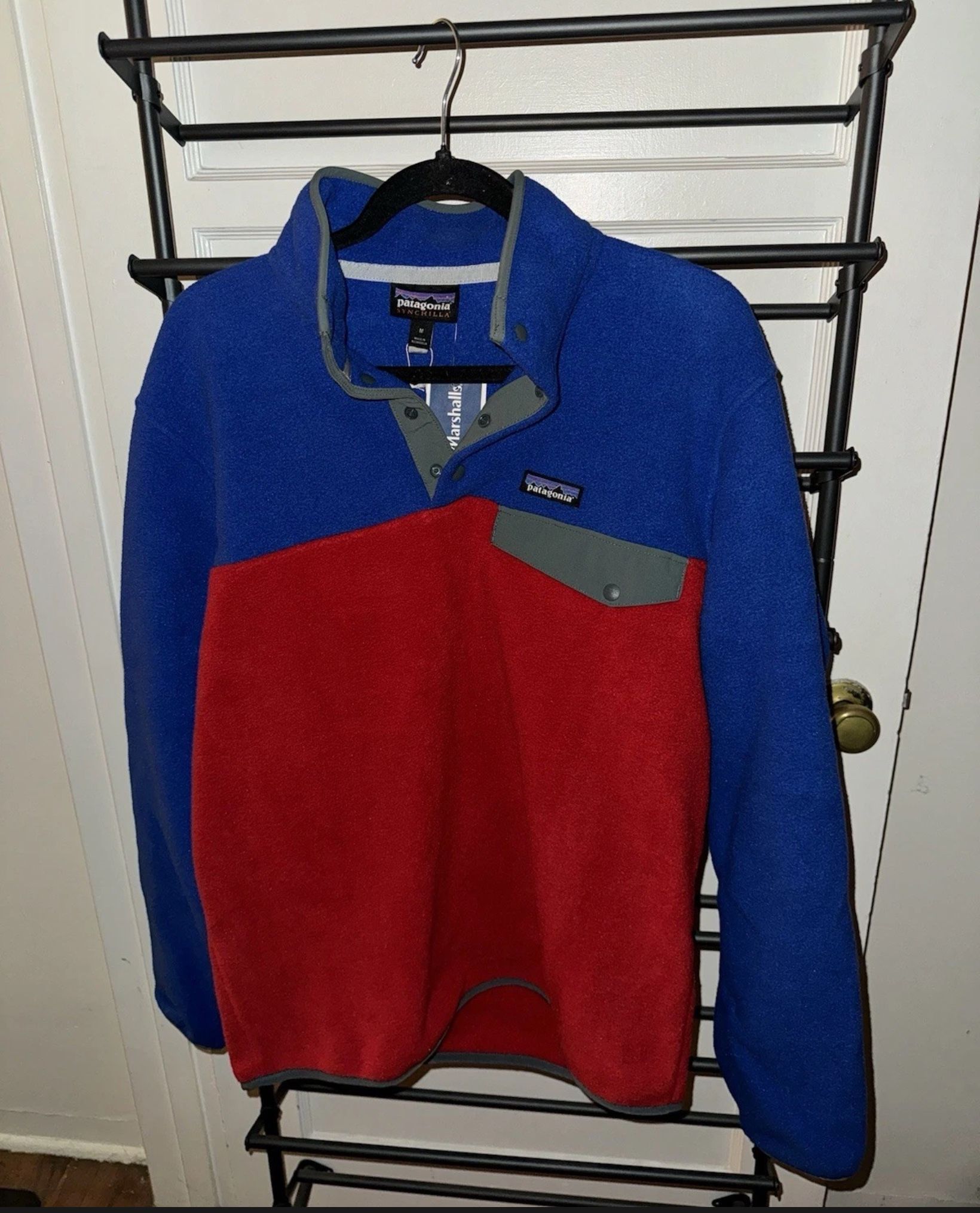 Patagonia Synchilla Pullover Mens Medium Blue Red Snap T Fleece Lightweight