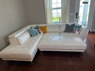 Modern White Leather Sectional with Adjustable Headrests & storage