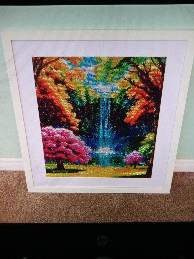 All Crystal Rhinestone Waterfall Diamond Painting Framed 3D Mosaic Art 25 Inches