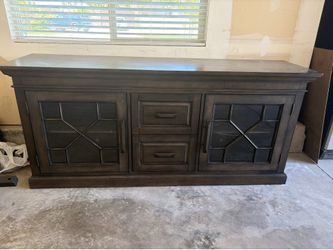 Dark Wood Media Console TV Stand with Glass Doors and Storage Drawers