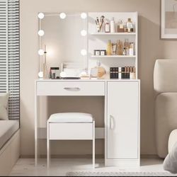 Makeup Dresser with Lights, Vanity Desk with Mirror & Lights Set,Large Drawer and Two-Tier Lots Storage Cabinet , White