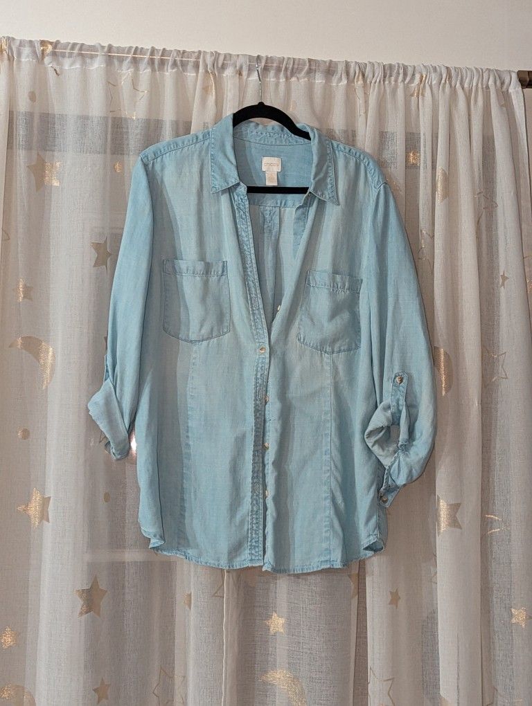 Chicos Light Weight Jean Button Up Women's 3/4 Sleeve