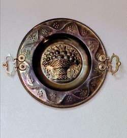 FROM SPAIN 19"H x 25W(HANDLES) LARGE VINTAGE EMBOSSED BRASS WALL PLATE DESIGN TO HANG ON THE WALL