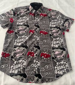 men's short-sleeve button-up shirt featuring an all-over comic book pop art print with classic onomatopoeias like "BANG!", "BOOM!", "POP!", and "SPLAT