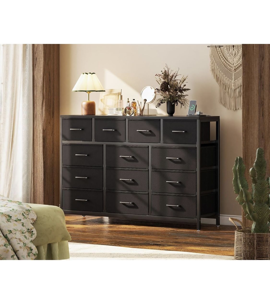 Dresser for Bedroom with Charging Station 55" Long Dresser with 13 Storage fabric Drawers