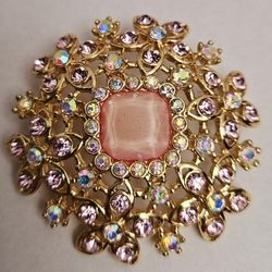 MONET SPARKLING IRIDESCENT AURORA BOREALIS   AND PINK RHINESTONE DOME BROOCH PIN