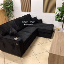 Gorgeous 2-Pc Black Corduroy Sectional Sofa With Storage, Pullout Bed, & USB Port