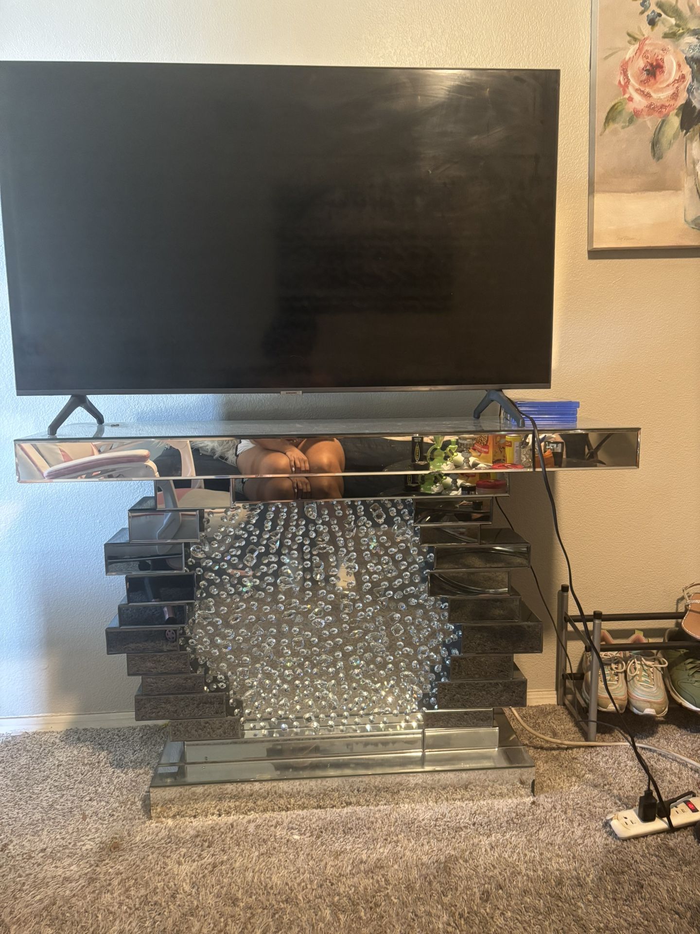 Glam Mirrored TV Stand with Crushed Crystal Center
