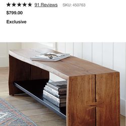 Crate And Barrel Yukon Warm Acacia Live Edge Solid Wood Storage Entryway Bench with Shelf