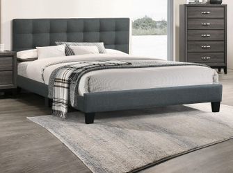 Modern Platform Bed Frame with Tufted Upholstered Headboard, No Box Spring Needed, Charcoal Gray