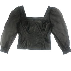 Women’s Marc New York Black Faux Leather Square Neck Blouse w/  Sheer Long Sleeves. Snap Wrist. Size Large (tag w/ size removed) See pics for measurem