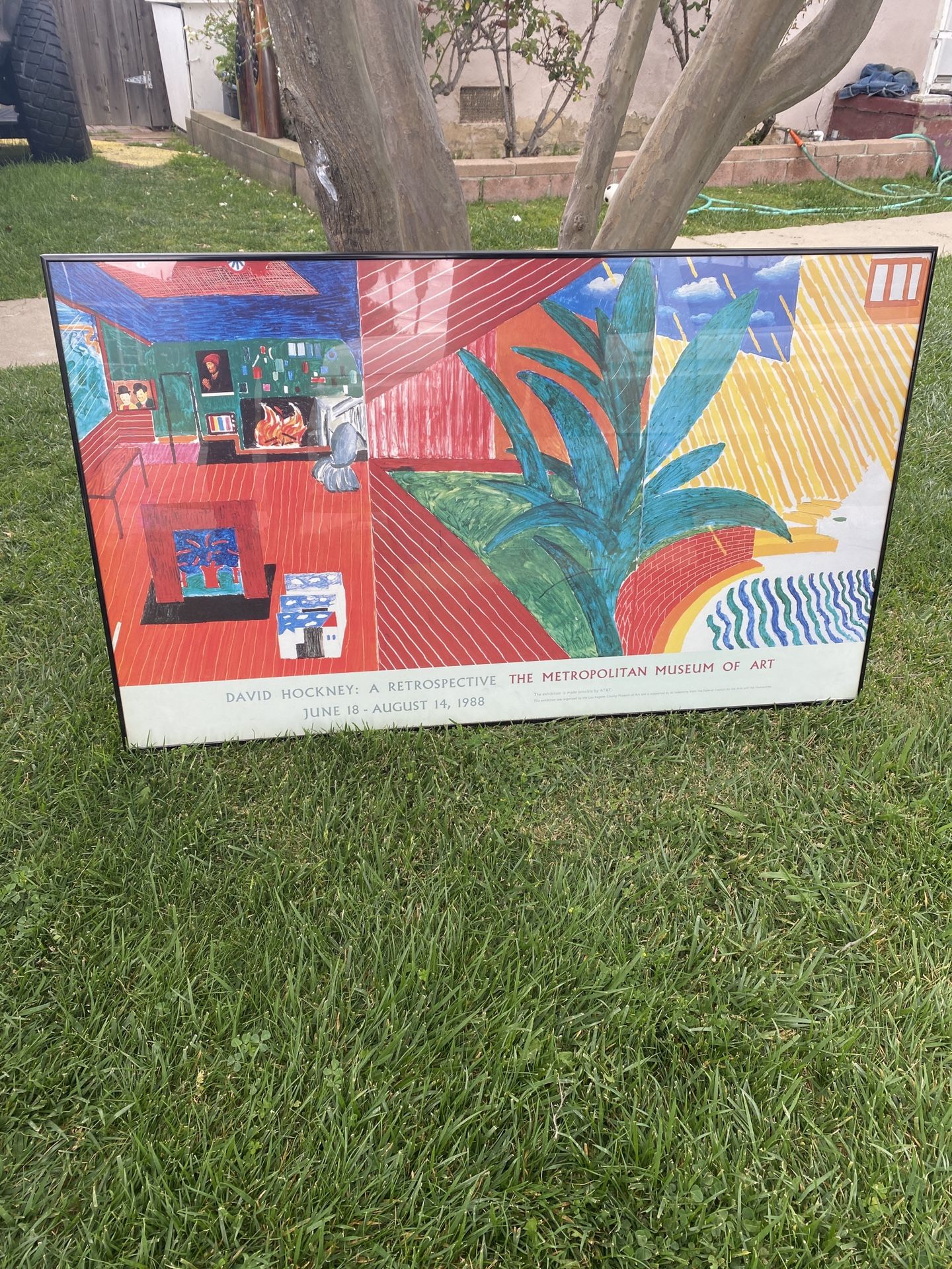 David Hockney Vintage 1988 Lithograph Print Framed Large Museum Exhibition Poster " Beverly Hills House " 1980