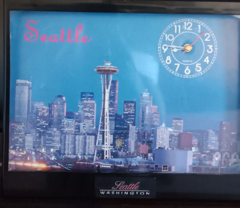 Vintage Wall Clock Seattle Skyline Which Includes The Space Needle & Buildings Retro Style w/ Fiber Optic Lighting