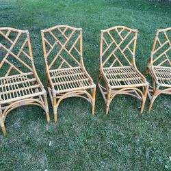 Coastal Chinese Chippendale Hollywood Regency Bamboo Rattan chairs MCM 1940’s  Measures  Seat cushion 17” wide 19” deep  Measures 20x20x 37” H  17” se