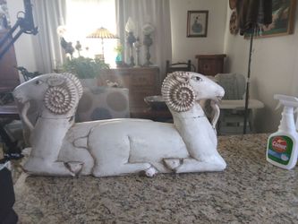 Vintage Pier 1 double headed ram sculpture carved wood . Amun-Ra Deity Folk Art table base