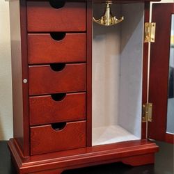 LARGE WOODEN JEWELRY BOX WITH PICTURE FRAMES AND FIVE DRAWERS - 12" TALL 