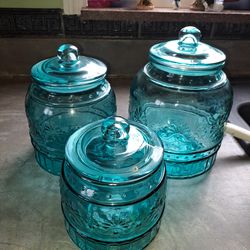 Vintage Pioneer Woman Teal Glass Canister Set (3)