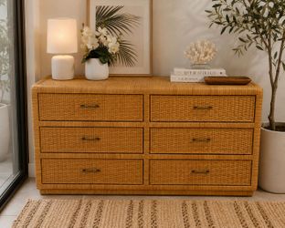 Vintage Wicker 6-Drawer Dresser – Natural Rattan – Coastal Style – 59"