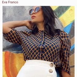 Anthropologie Eva Franco Textured Plaid Blue & Orange Blouse Size 4