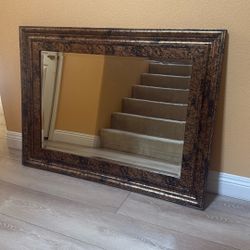 Framed Beveled Mirror with Ornate Mottled Bronze/ Brown Frame 