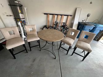 High Round Table and 4 Cream Color Fabric Chairs