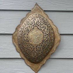 Vintage Perforated Etched Brass Ornate Tray Wall Hanging Decor