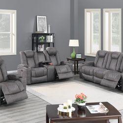 Brand New Grey Leather 3pc Power Reclining Sofa Set 