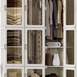 Portable Closet Clothes Wardrobe Plastic Bedroom Armoire Depth Cube Storage Organizer with Hanging Rod and Doors 4-15 Cubes White (Transparent Door-Cl